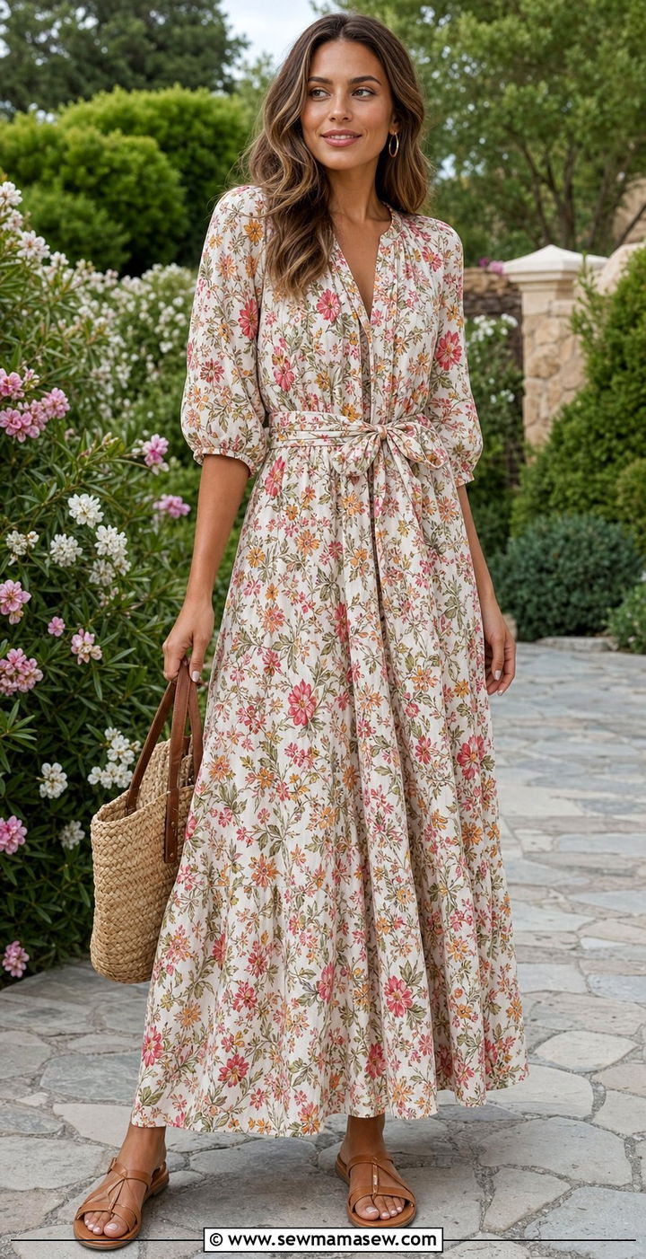 Floral Maxi Dress With Flat Sandals - 25 dress outfits aesthetic