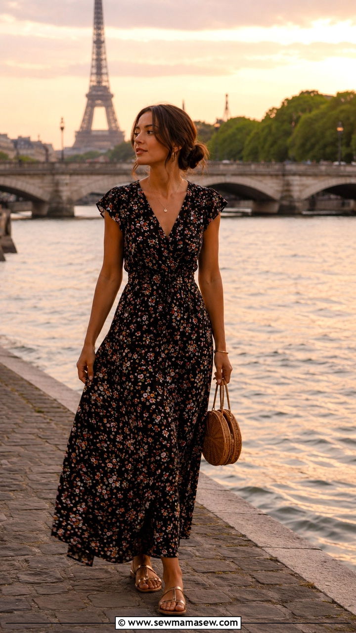 Floral Maxi Dress With Flat Sandals - 30 Parisian summer outfit ideas