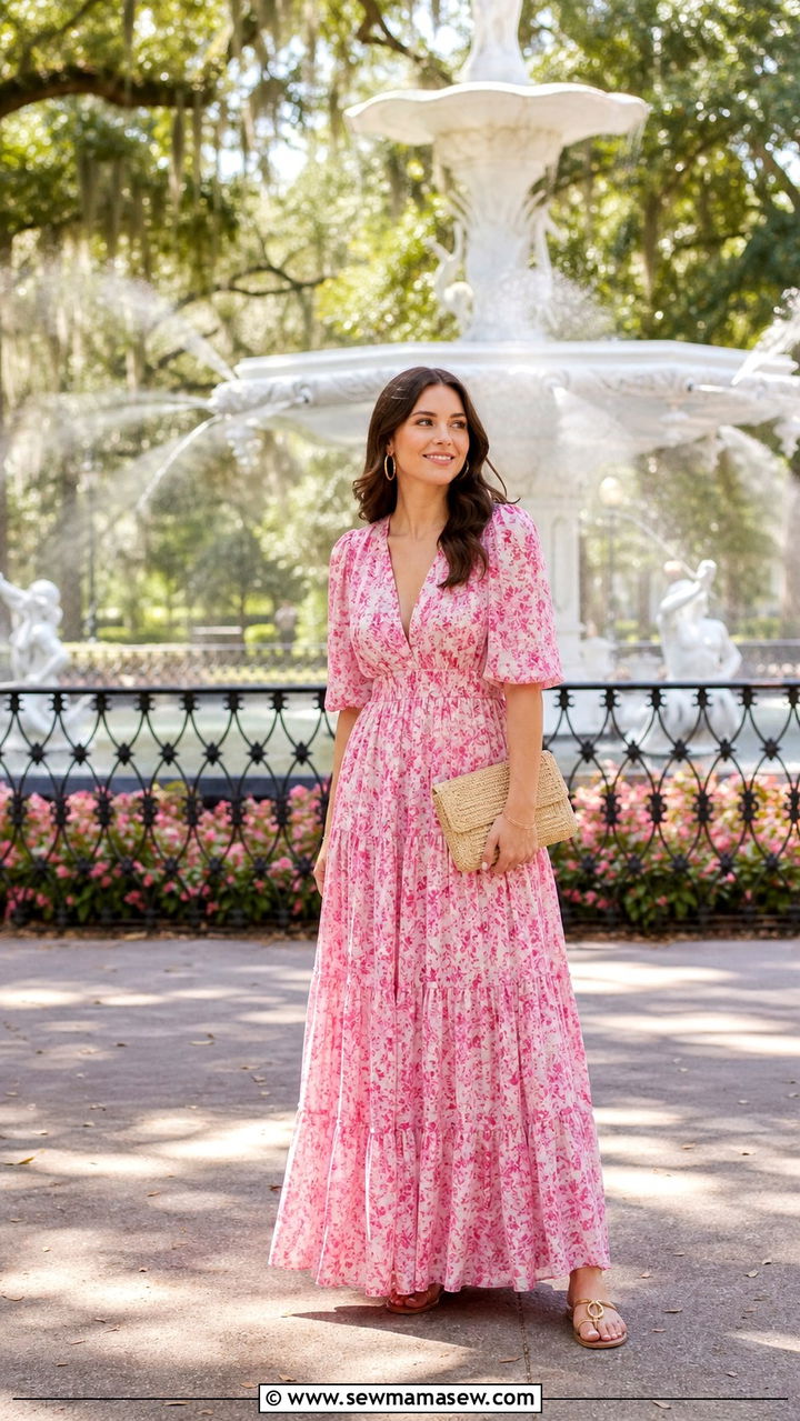 Floral Maxi Dress With Flat Sandals And Gold Hoops - 40 Savannah outfit ideas
