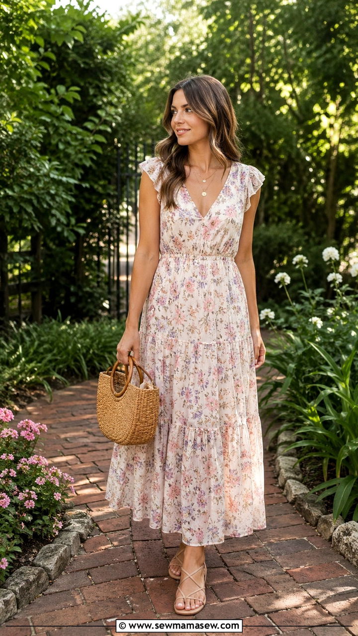 Floral Maxi Dress With Flat Strappy Sandals - 40 Summer outfits with sandals