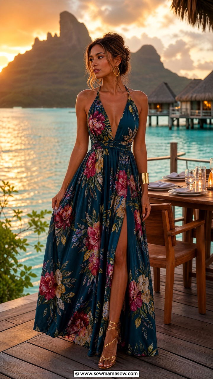 Floral Maxi Dress With Gold Accessories - 40 What to wear in Bora Bora