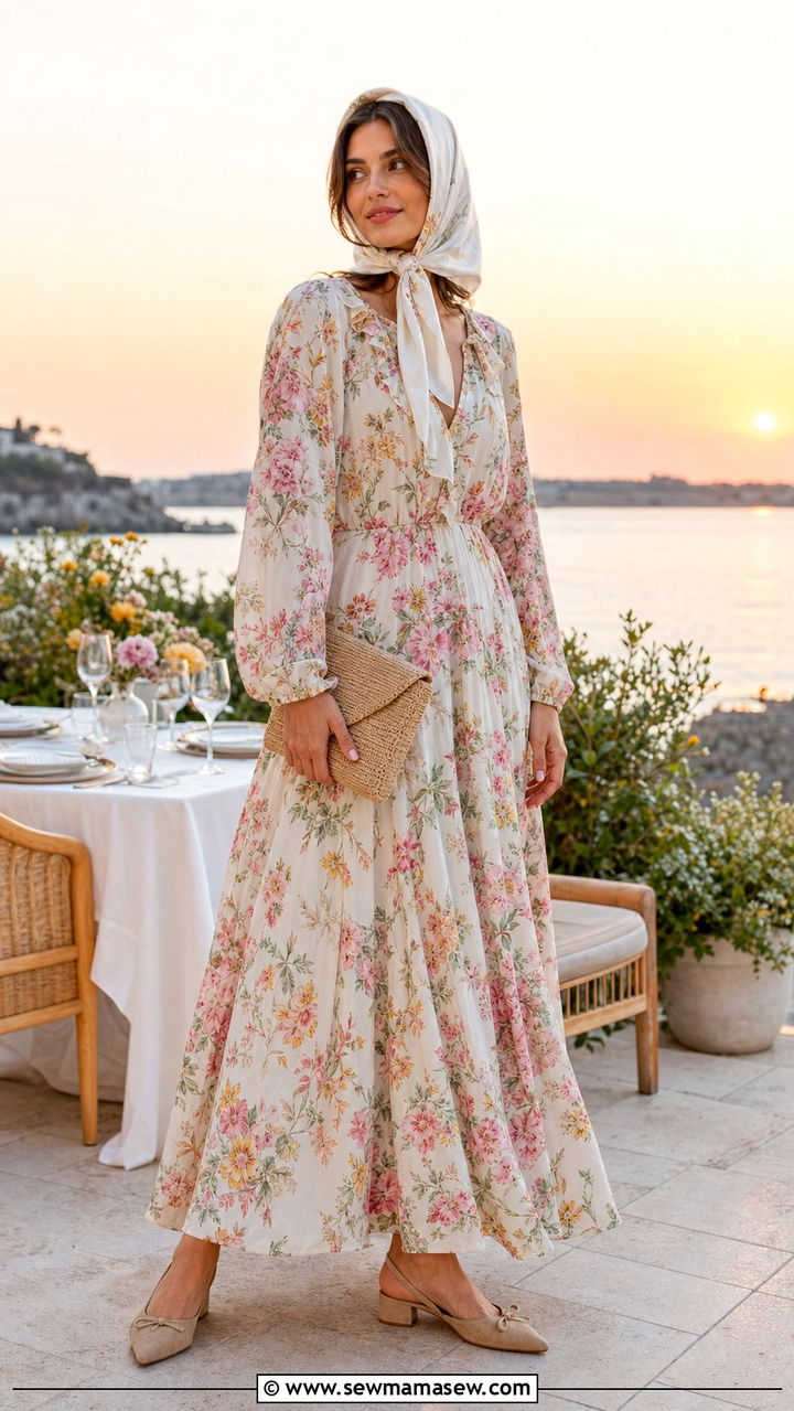 Floral Maxi Dress With Hair Scarf For Summer Dinner - 25 summer outfits with hair scarf