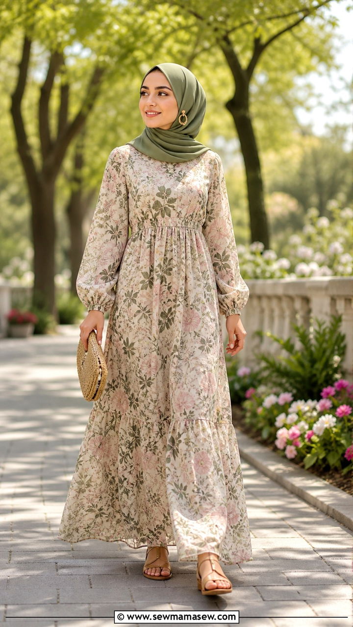Floral Maxi Dress With Hijab And Flat Sandals - 20 April Eid outfit ideas