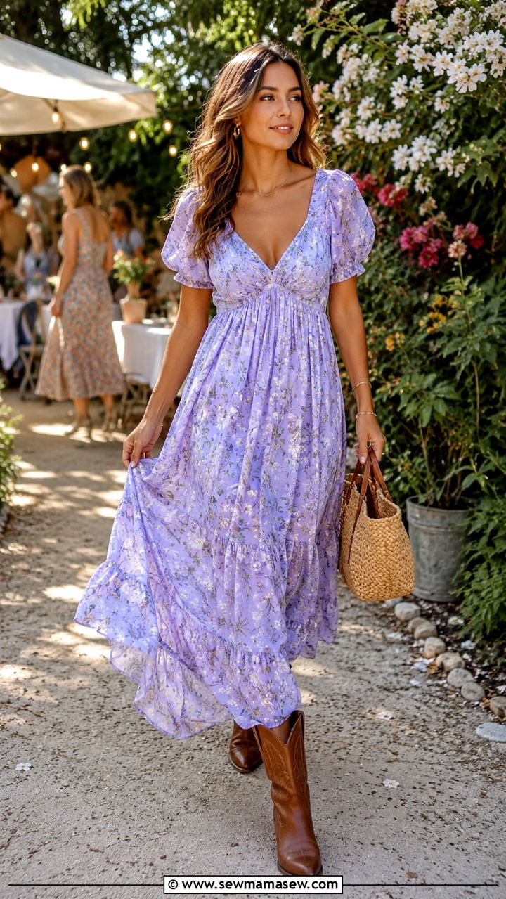 Floral Maxi Dress With Leather Cowboy Boots - 25 Western outfit ideas Taylor Swift country era