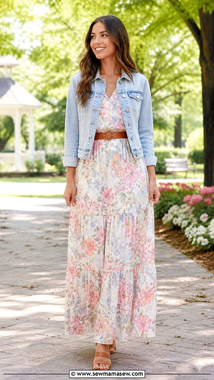 Floral Maxi Dress With Light Denim Jacket - 40 Chic spring outfit ideas 2026