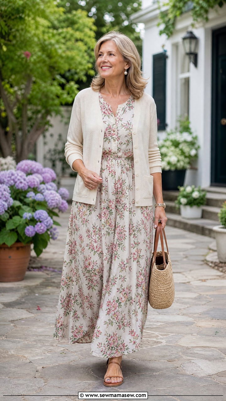 Floral Maxi Dress With Lightweight Cardigan - 30 Modest outfits for women over 50