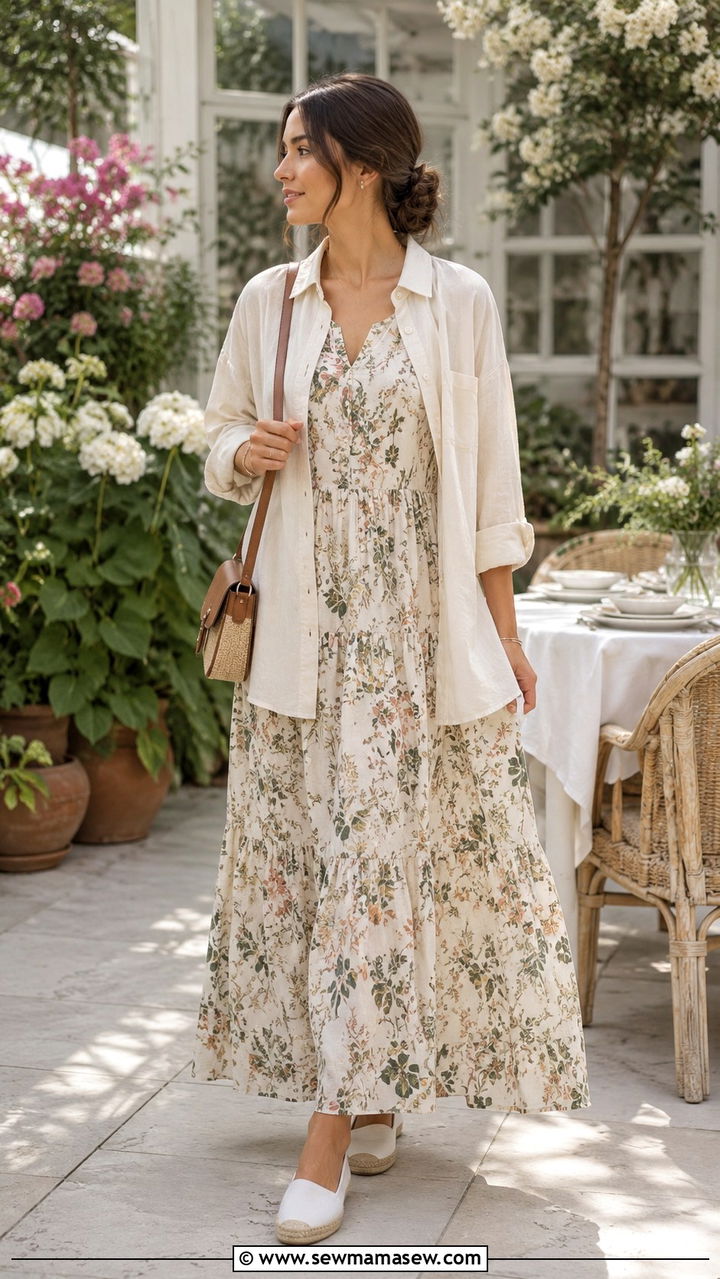 Floral Maxi Dress With Lightweight Shirt Layer - 25 Modest outfit ideas summer 2026