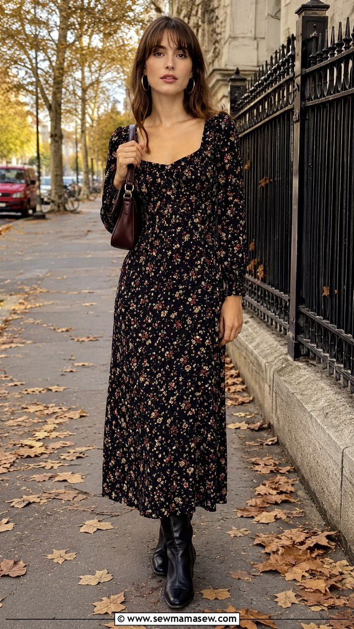 Floral Maxi Dress With Mid Calf Boots for Fall - 30 Jeanne Damas outfit ideas