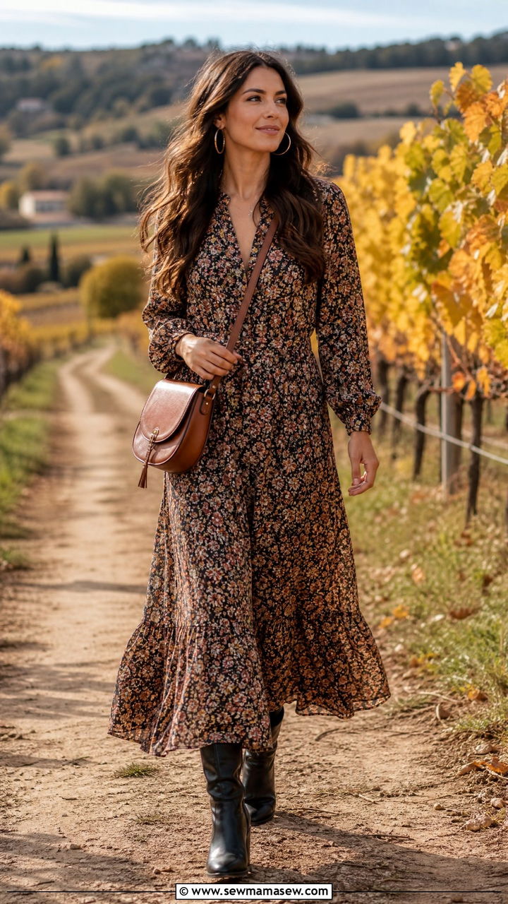 Floral Maxi Dress With Mid Calf Boots - 25 French girl outfit ideas with Rouje dress