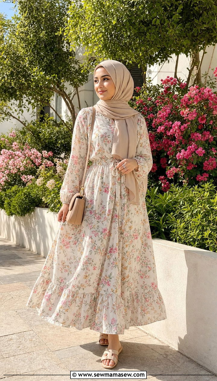 Floral Maxi Dress With Neutral Hijab Outfit - 25 spring outfits for hijab women