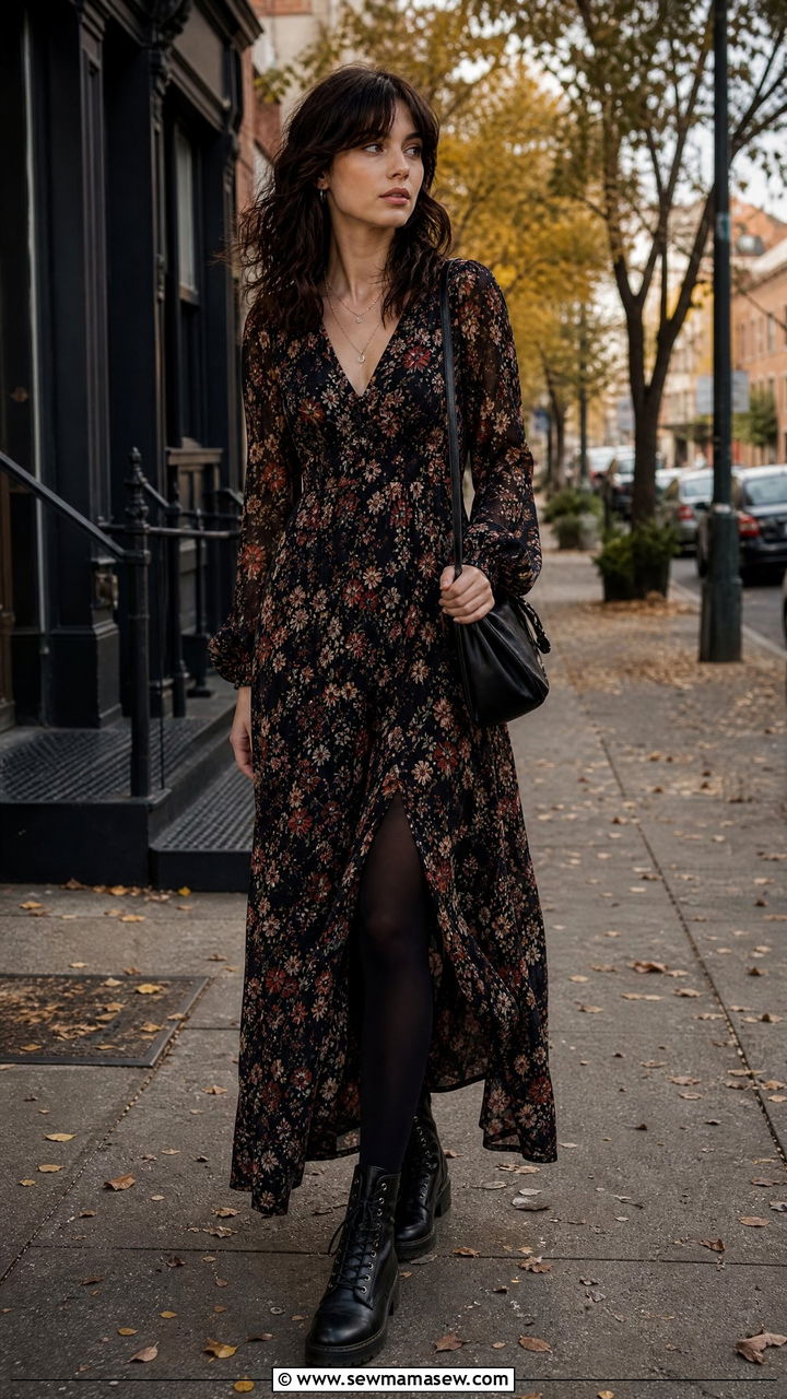 Floral Maxi Dress With Opaque Tights And Combat Boots - 30 Maxi dress outfit ideas with tights