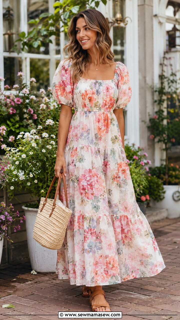 Floral Maxi Dress With Puff Sleeves And Sandals - 30 Maxi dress with sleeves outfit ideas