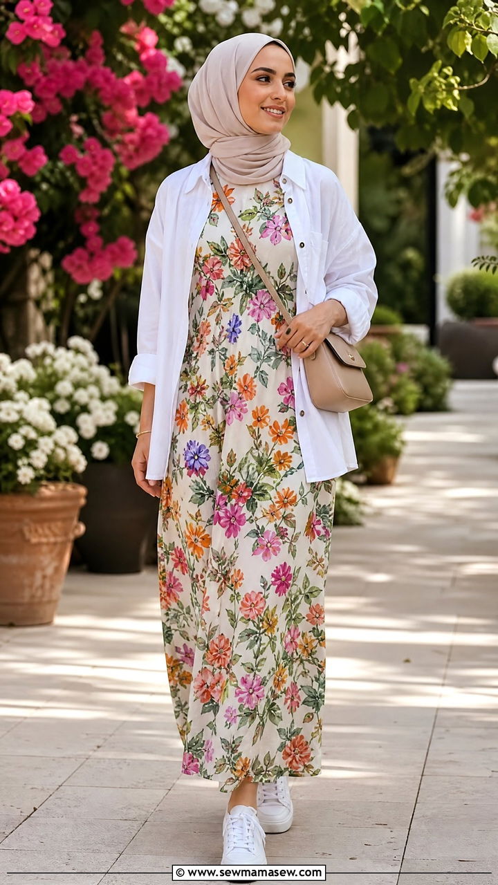 Floral Maxi Dress With Relaxed Shirt Layer - 30 modest classy outfits 2026