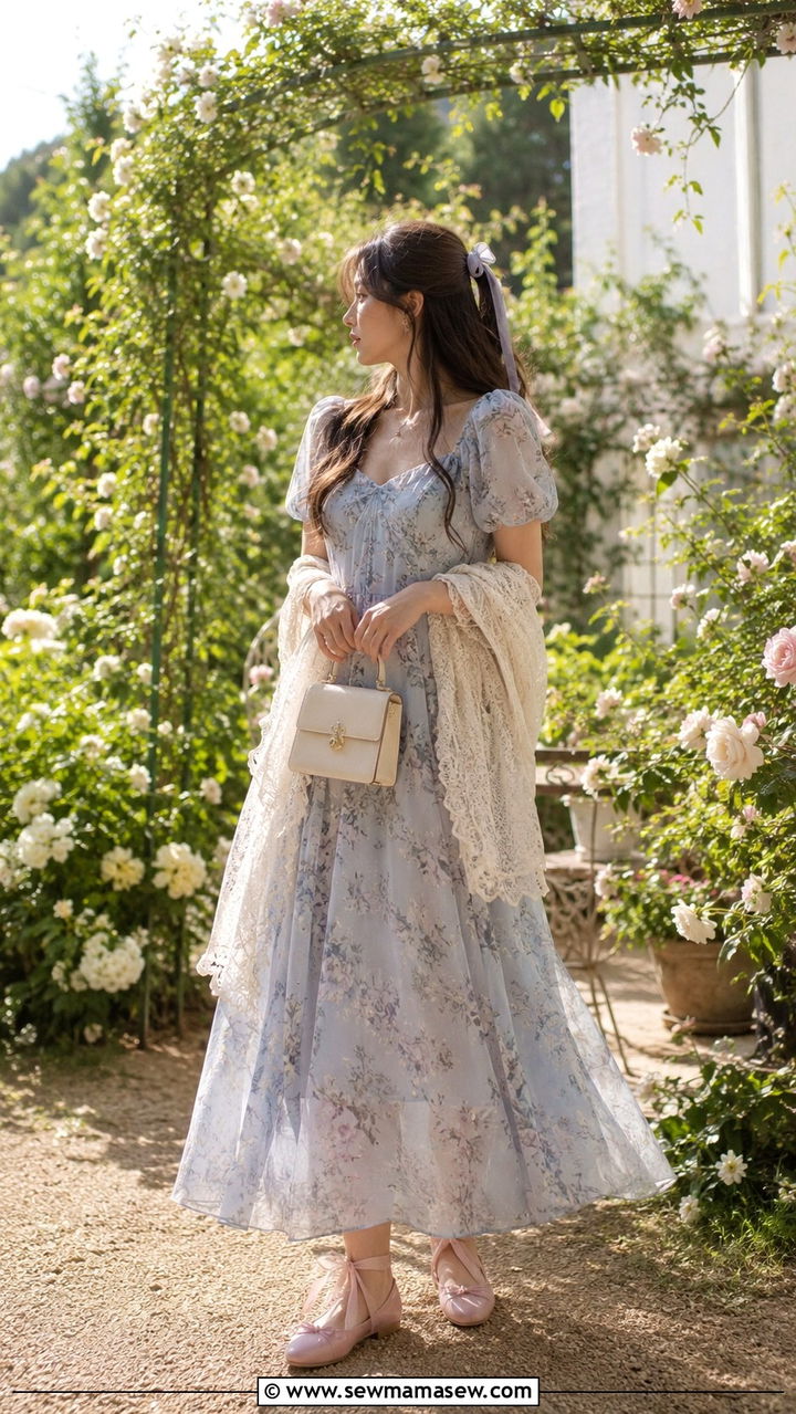 Floral Maxi Dress With Ribbon Flats And Lace Shawl - 25 poetcore outfits ideas