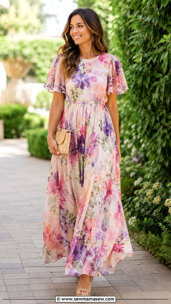 Floral Maxi Dress With Sleeves for Wedding Guest - 20 Modest outfit ideas for sister of the bride