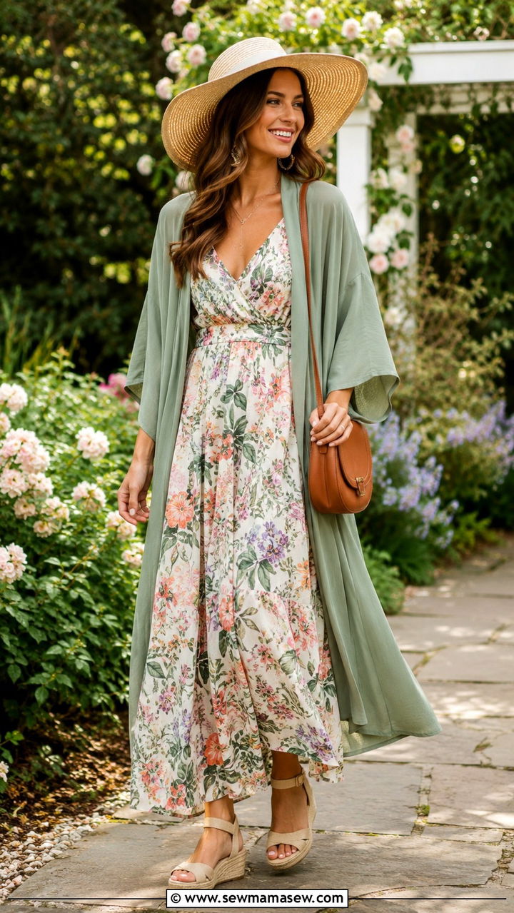 Floral Maxi Dress With Solid Kimono - 30 Maxi dress with a kimono outfit ideas