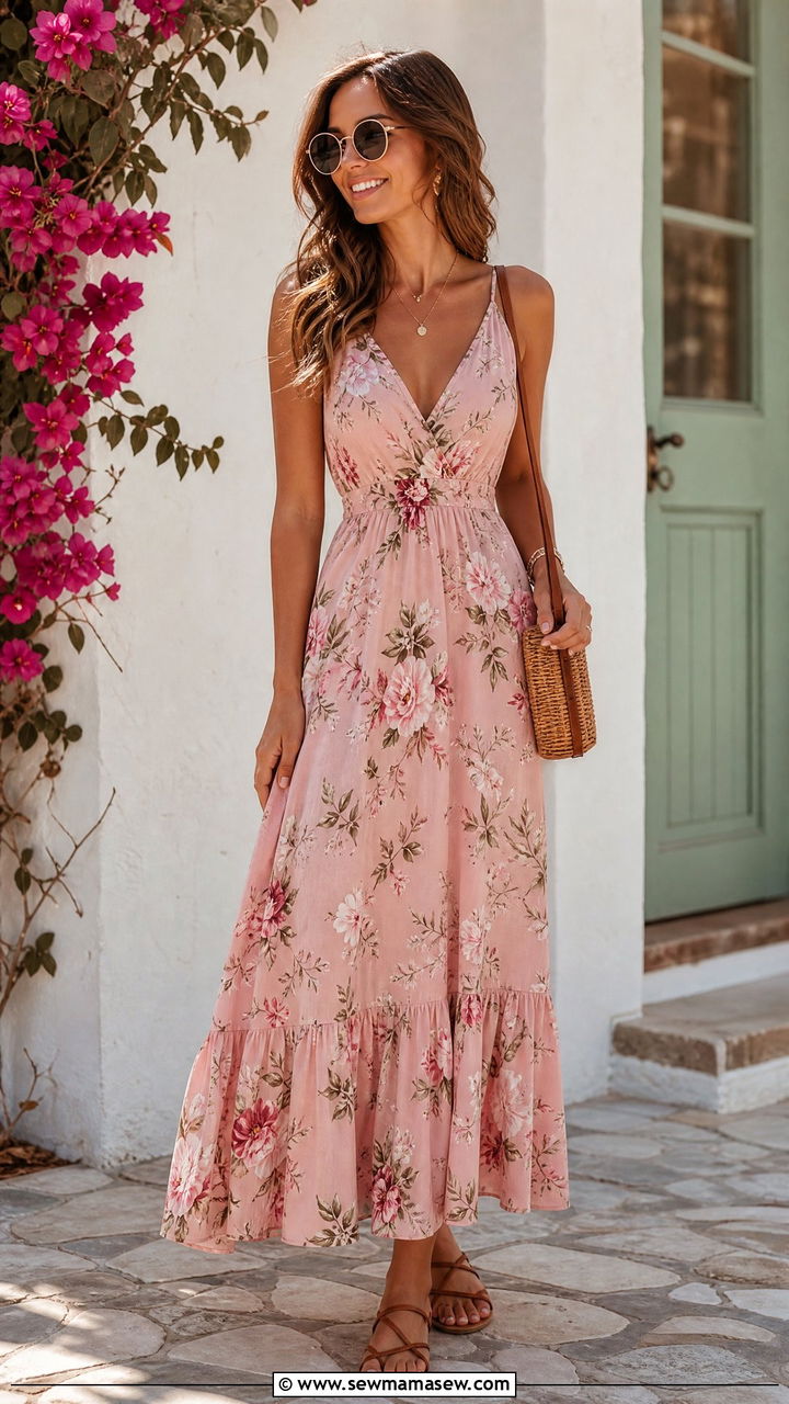 Floral Maxi Dress With Strappy Flat Sandals - 30 summer floral dress outfit ideas