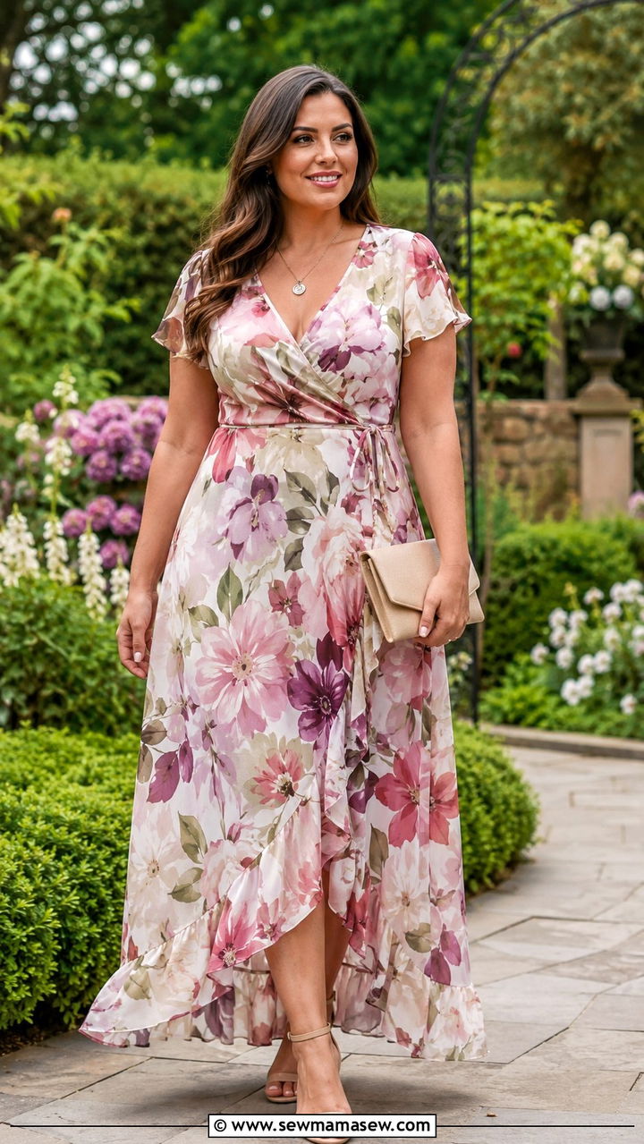 Floral Maxi Dress With Strappy Heels - 25 Wedding guest outfit ideas size 14