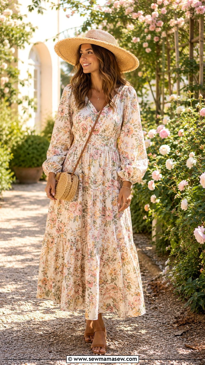 Floral Maxi Dress With Straw Hat - 30 spring vintage outfit ideas