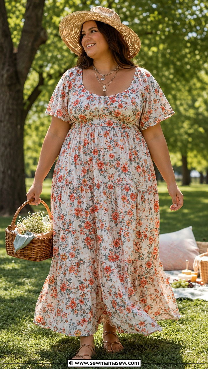 Floral Maxi Dress With Straw Hat And Sandals - 25 Plus size outfit ideas boho