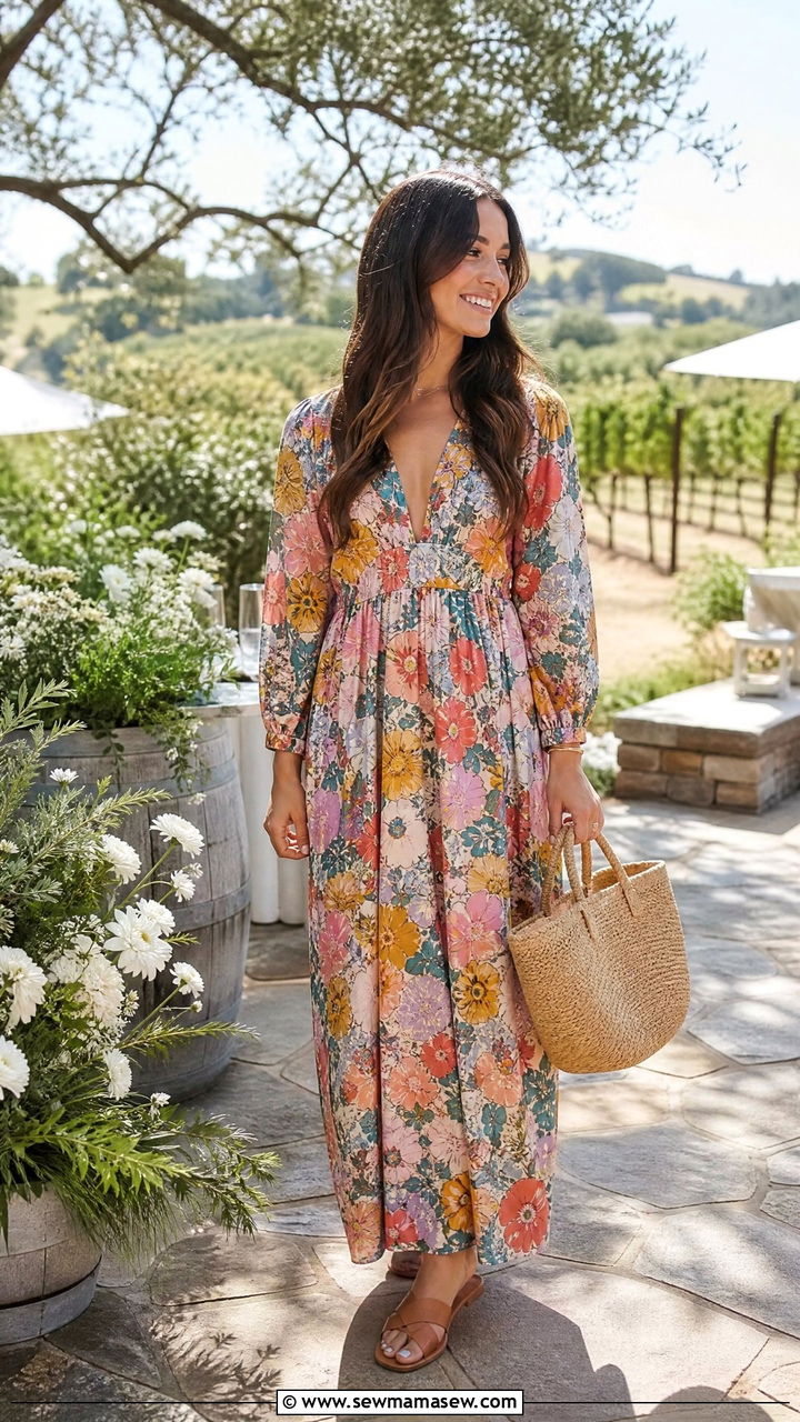 Floral Maxi Dress With Straw Tote And Flat Sandals - 30 cute bridal shower outfits