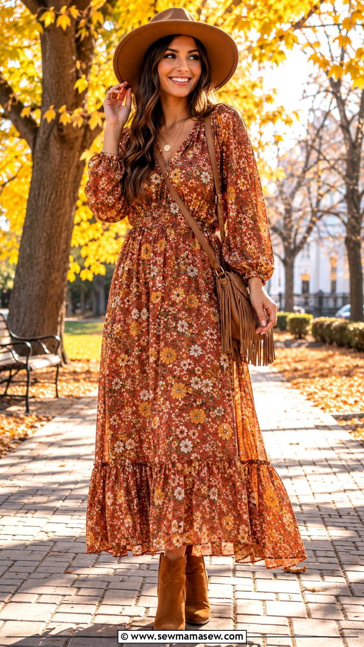 Floral Maxi Dress With Suede Ankle Boots - 25 Boho outfit ideas with suede boots