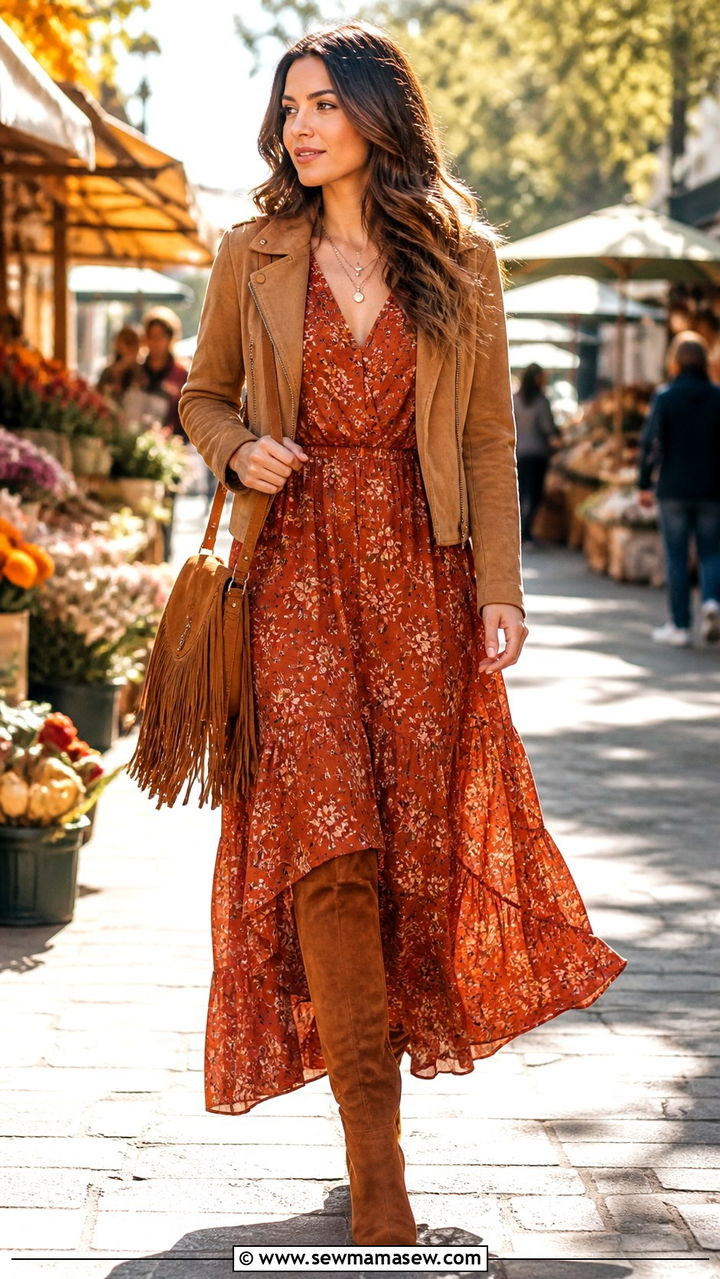 Floral Maxi Dress With Suede Jacket Boho Look - 20 Boho outfit ideas Free People style