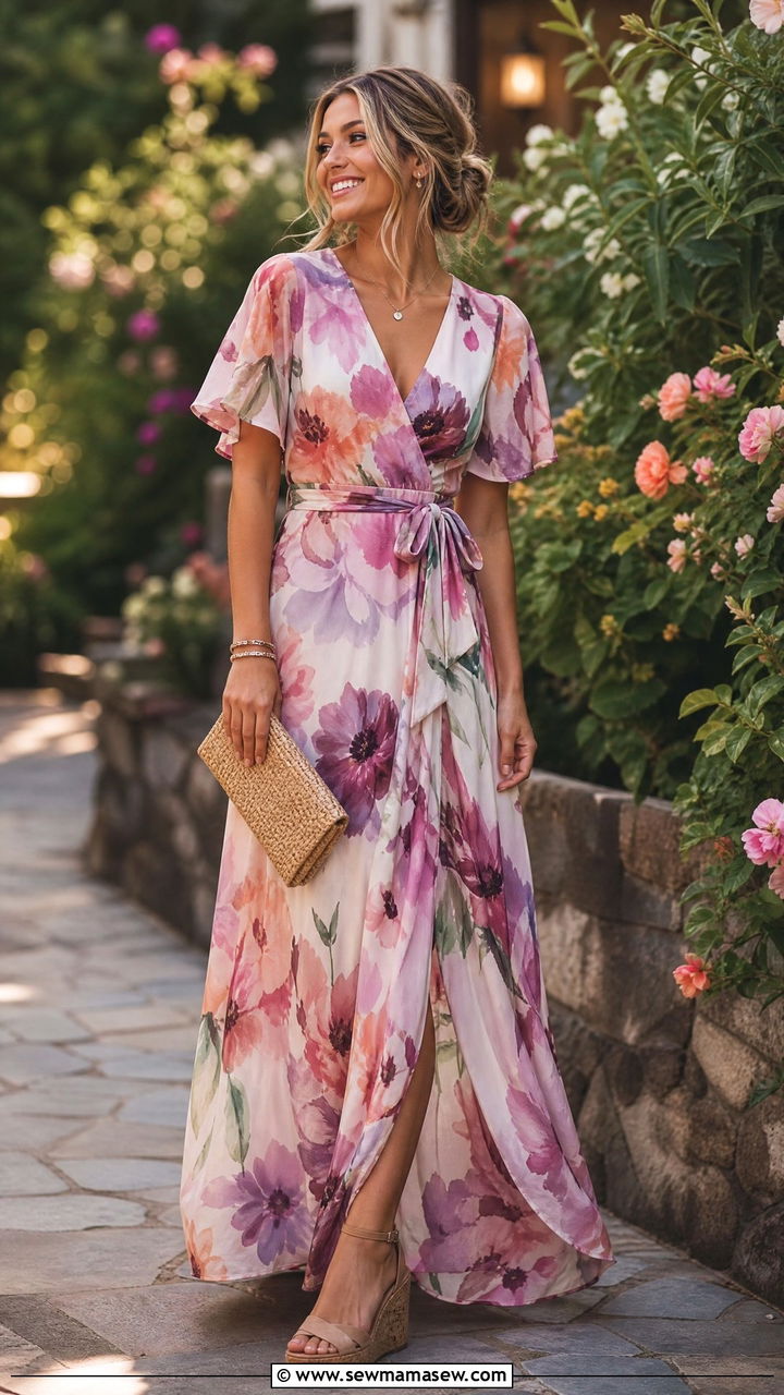 Floral Maxi Dress With Wedge Heels - 25 Rush week outfit ideas preference night