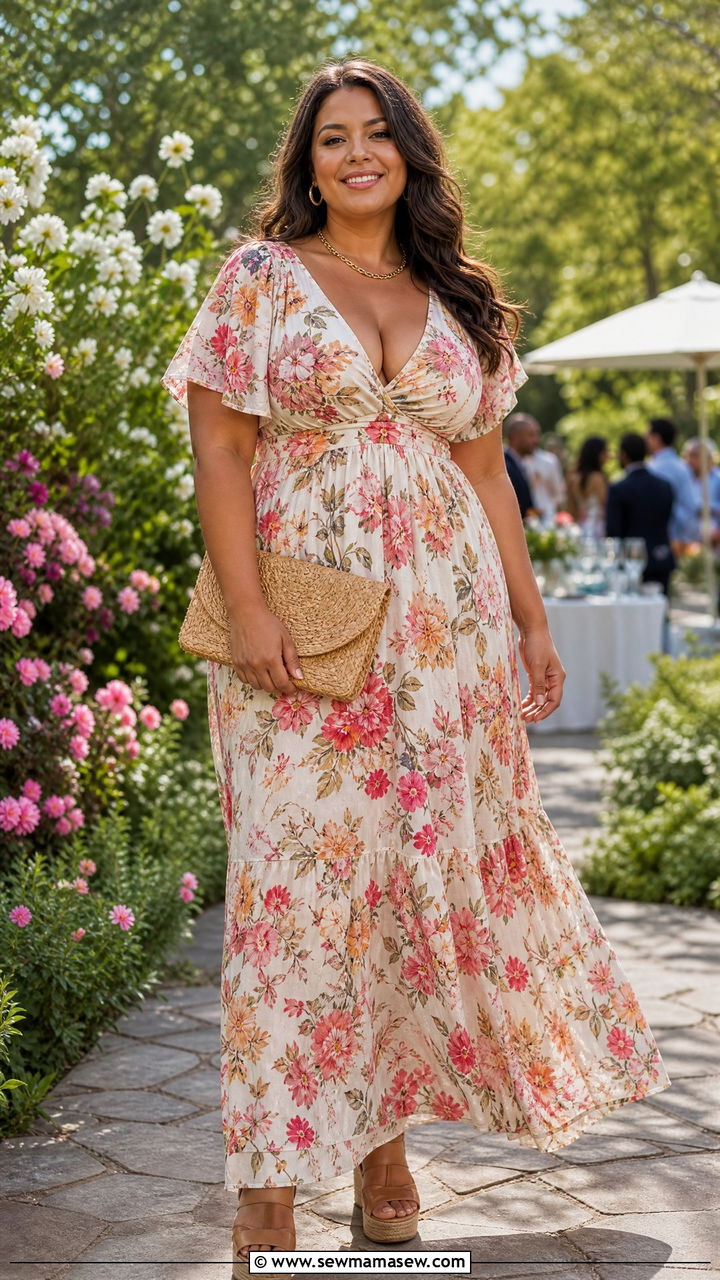 Floral Maxi Dress With Wedge Sandals And Straw Bag - 30 Party outfits for plus size