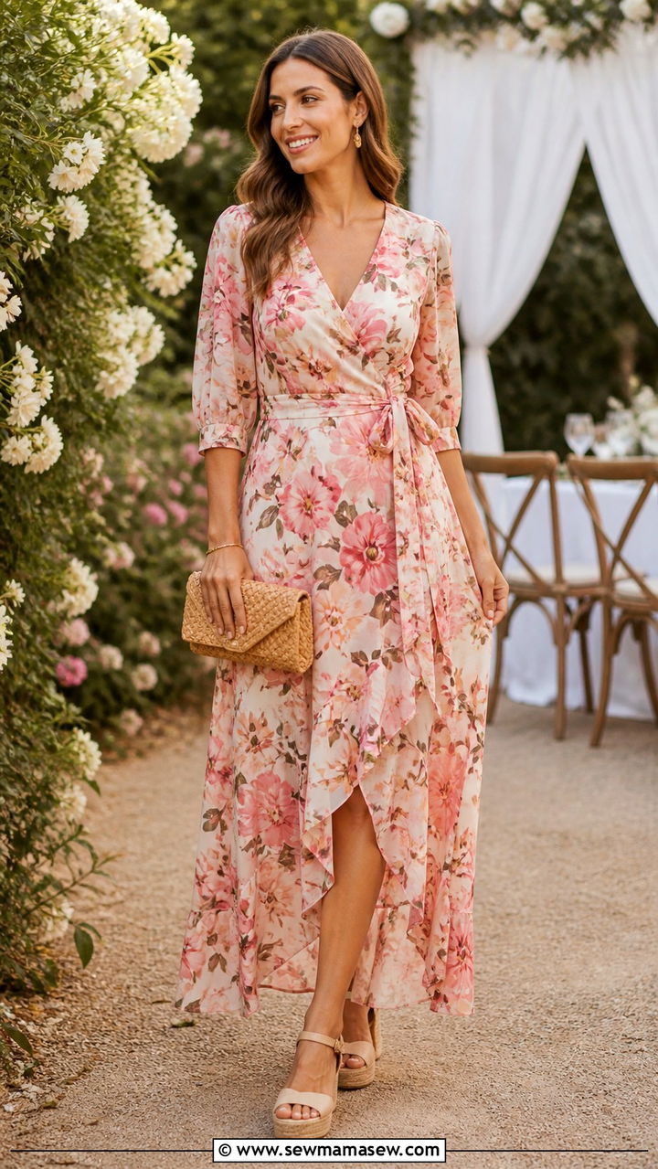 Floral Maxi Dress With Wedge Sandals For Outdoor Weddings - 40 classy wedding guest outfits