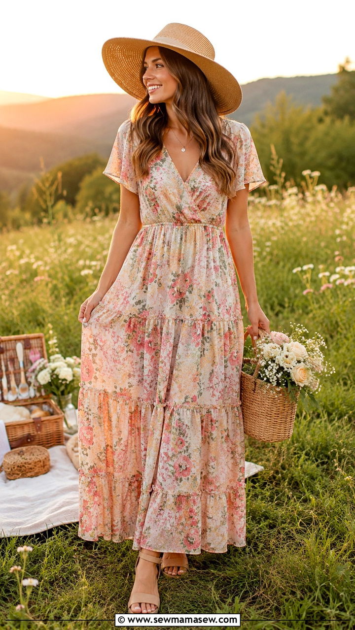 Floral Maxi Dress With Wedges - 30 picnic outfit ideas for women