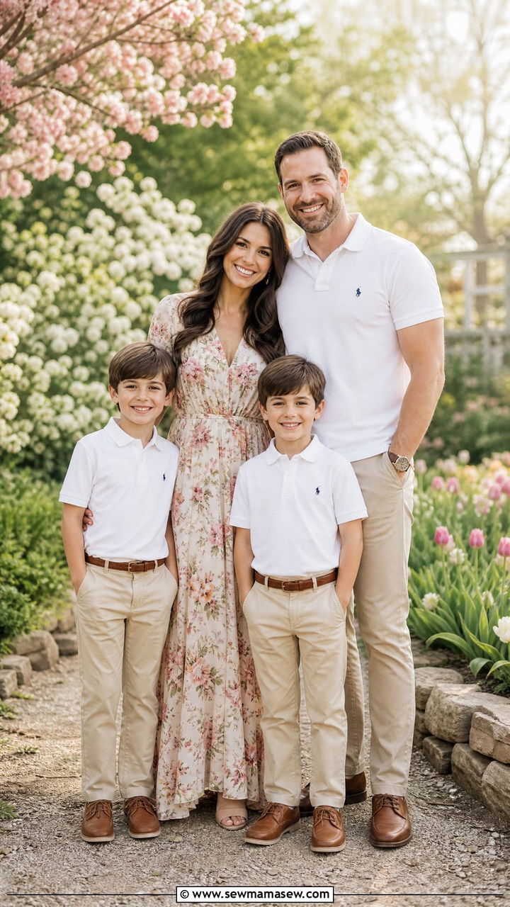 Floral Maxi Dress With White Polos For Spring Garden Photos - 30 family photo outfits ideas