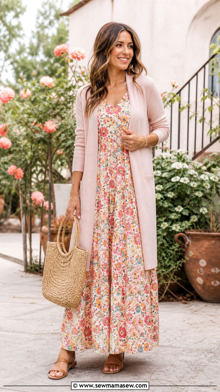 Floral Maxi Dress and Cardigan Teacher Outfit - 40 Teacher outfit ideas