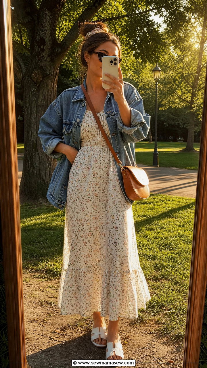 Floral Maxi Dress and Denim Jacket Park Outfit - 30 Summer park outfits
