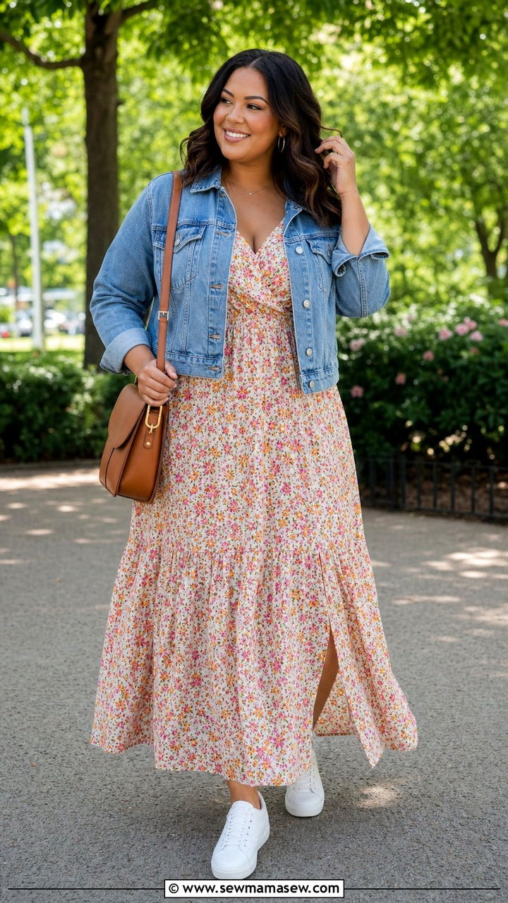Floral Maxi Dress and Denim Jacket - 35 Brunch outfits for plus size