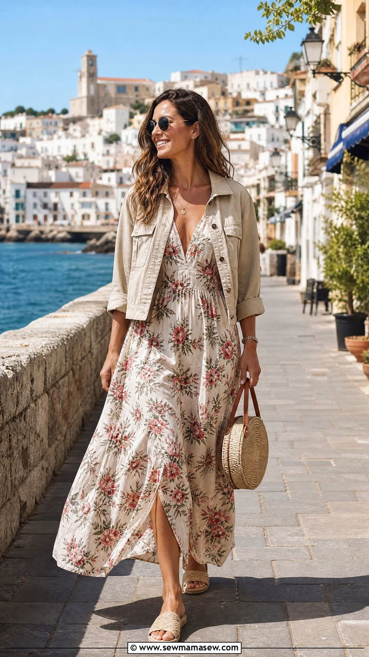Floral Maxi Dress and Lightweight Jacket - 20 Spring Europe packing outfits