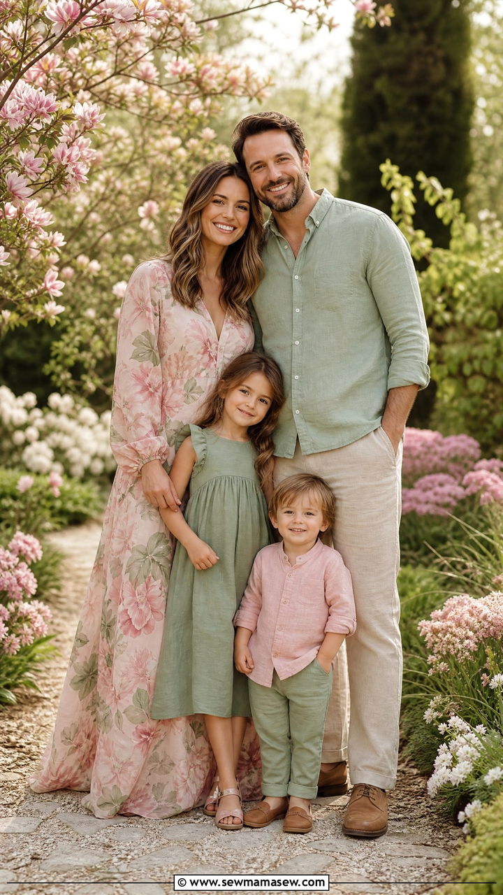 Floral Maxi Dress and Linen Family Coordination - 25 Family spring photo outfit ideas