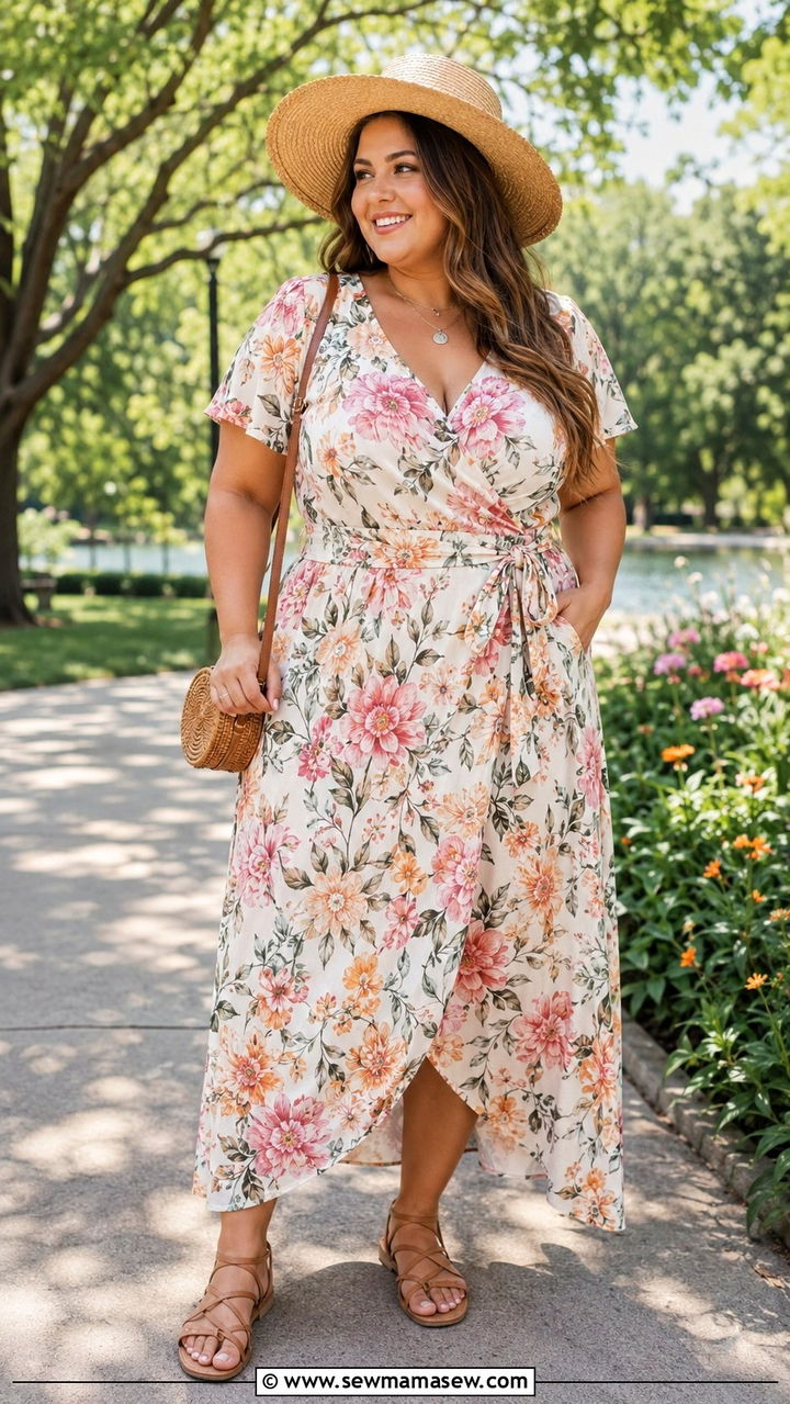 Floral Maxi Dress and Sandals - 30 Plus size mom outfit ideas summer