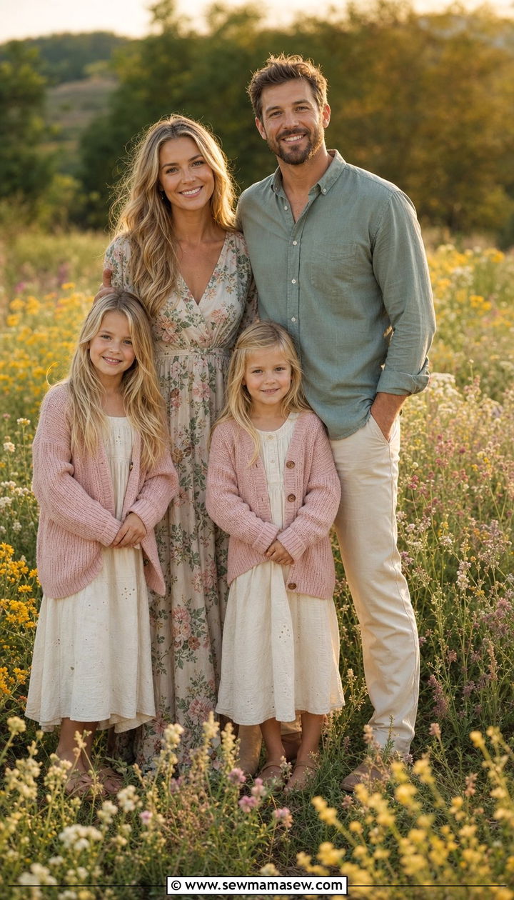 Floral Maxi Dress and Solid Neutrals Family Photo Outfit - 25 family photo outfits aesthetic