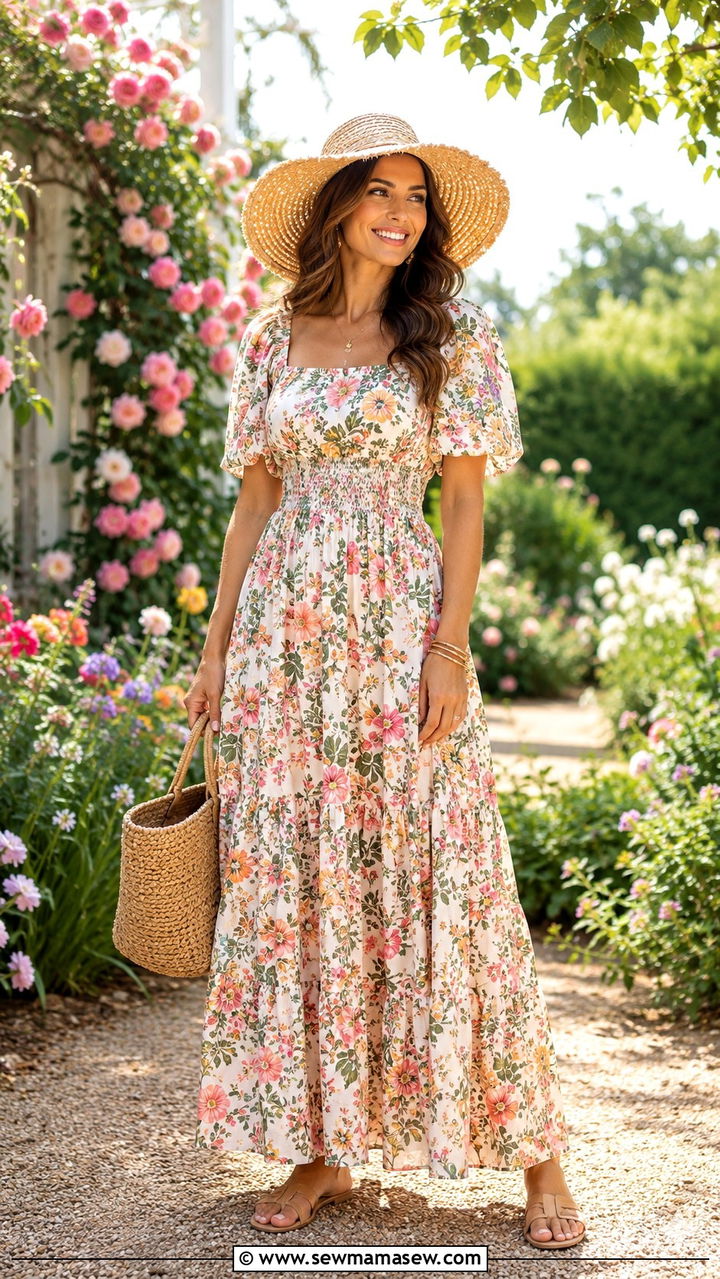Floral Maxi Dress and Straw Hat Outfit - 30 midsize outfit ideas for women