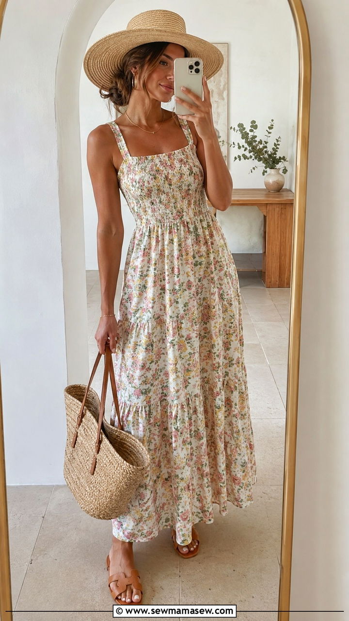 Floral Maxi Dress and Straw Tote - 30 Parisian summer outfits