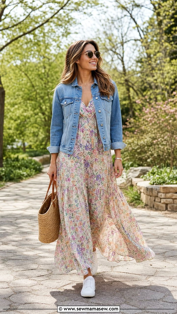 Floral Maxi Dress and a Relaxed Denim Jacket - 35 April outfits for women