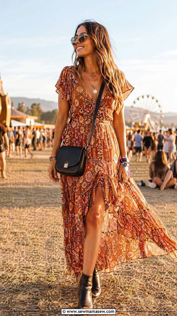 Floral Maxi Dress with Ankle Boots - 35 festival outfits inspo