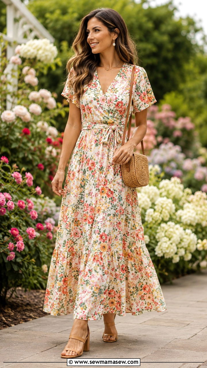Floral Maxi Dress with Block Heels Outfit - 30 Maxi dress with heels outfit ideas