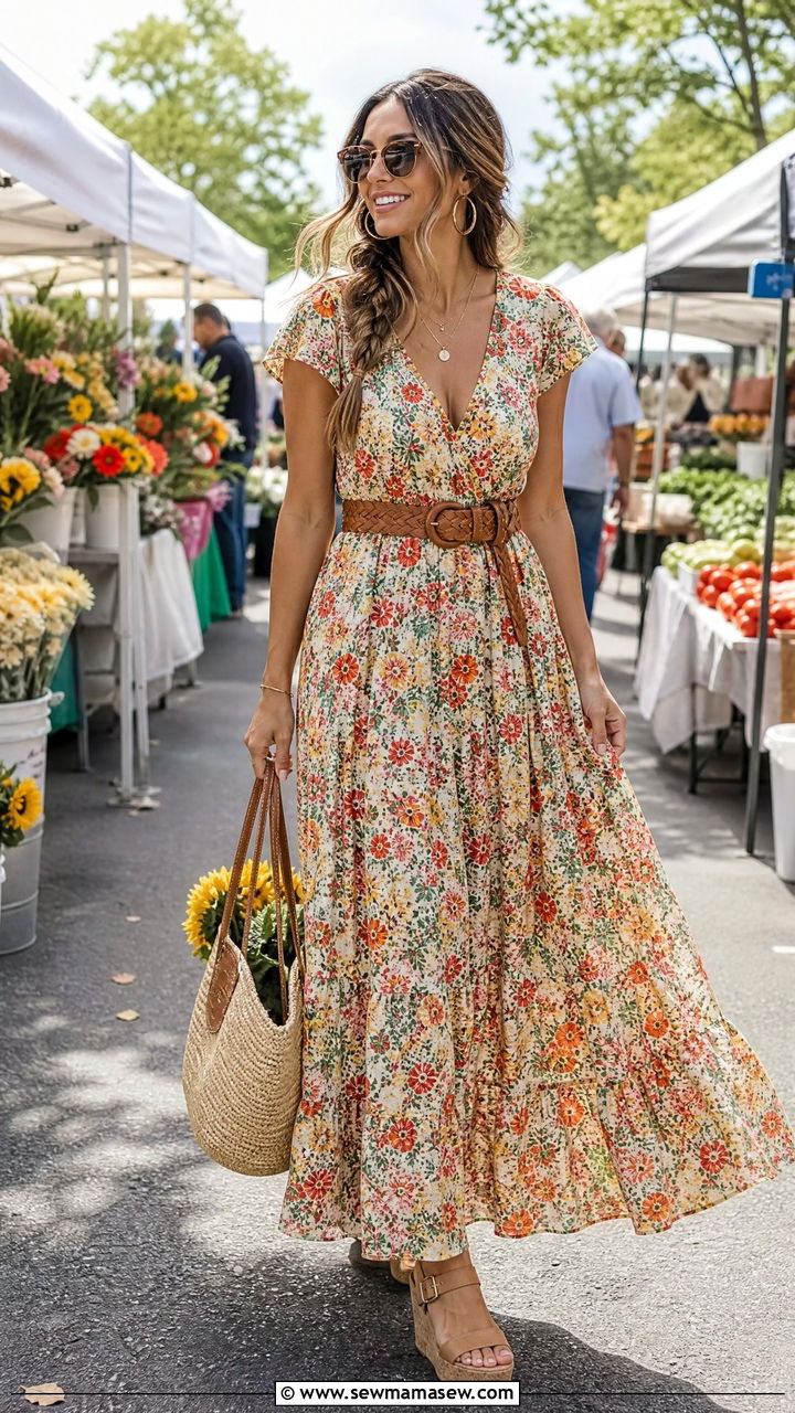 Floral Maxi Dress with Braided Belt and Wedges - 30 Maxi dress outfit ideas with a belt