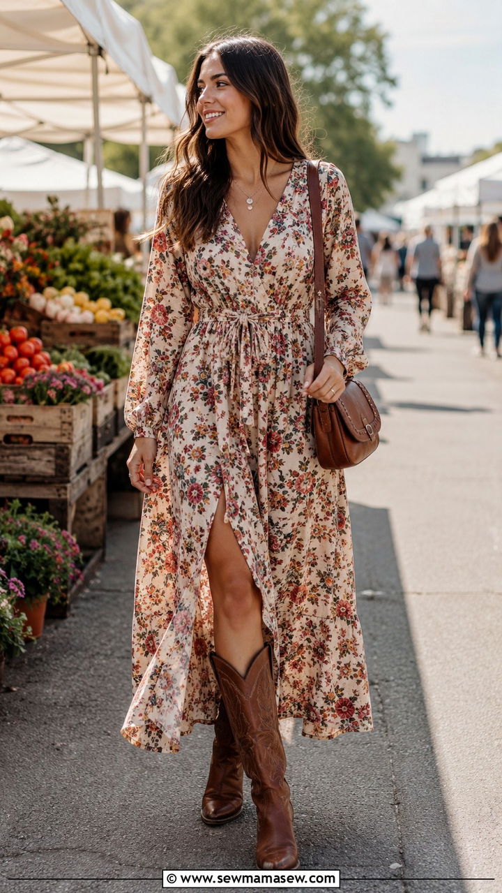 Floral Maxi Dress with Brown Cowboy Boots - 30 Maxi dress with cowboy boots outfit ideas