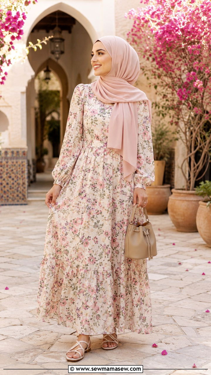 Floral Maxi Dress with Contrast Hijab - 30 spring outfits for modest women
