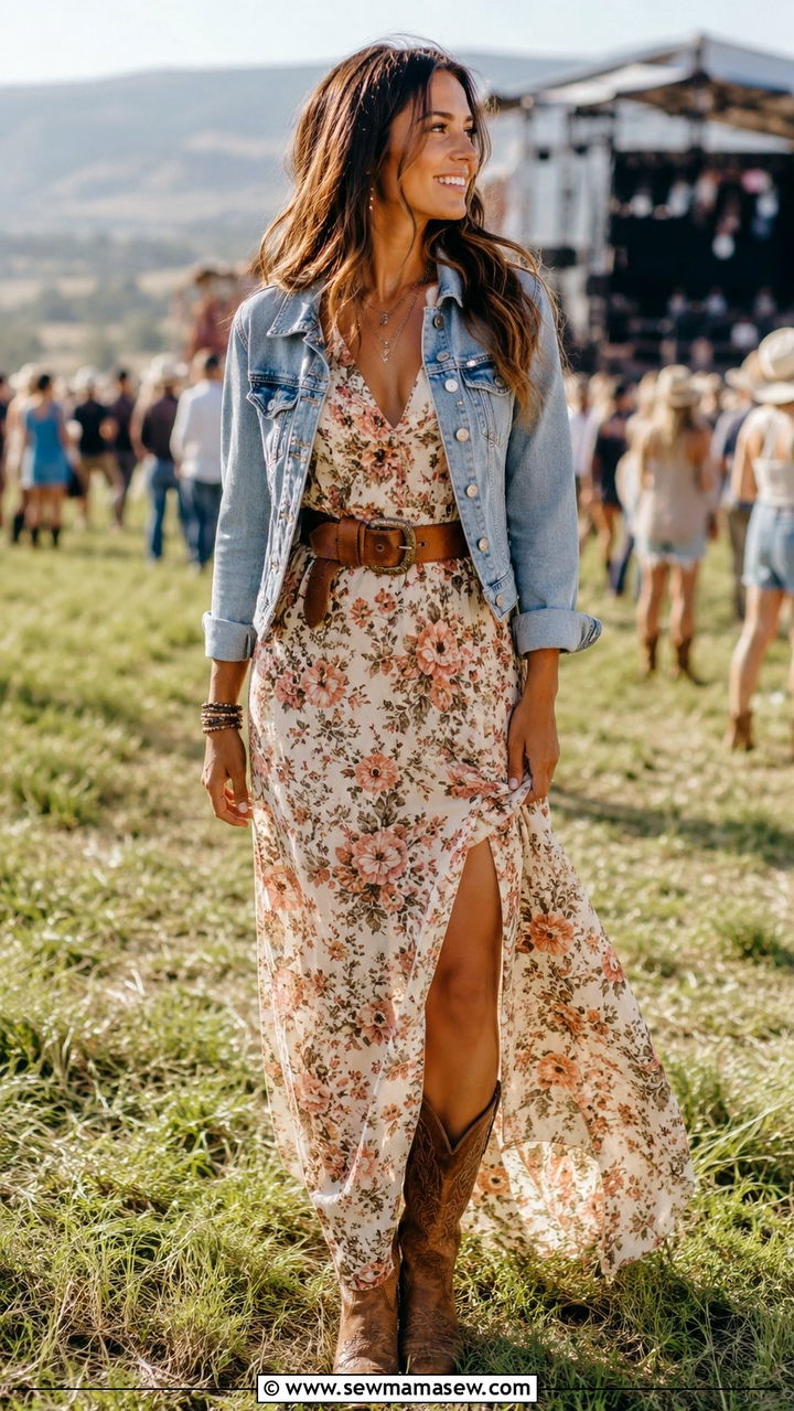 Floral Maxi Dress with Cowboy Boots - 25 seasonal country concert outfit ideas