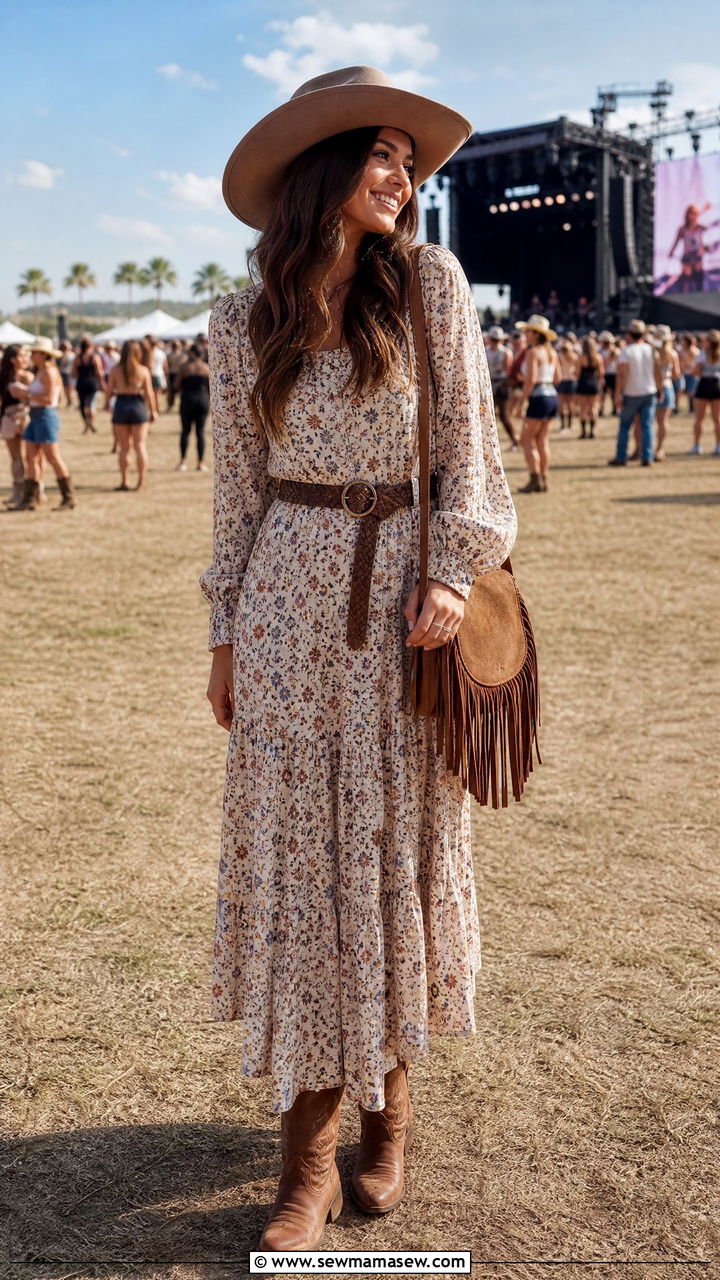 Floral Maxi Dress with Cowboy Boots - 30 modest music festival outfit ideas