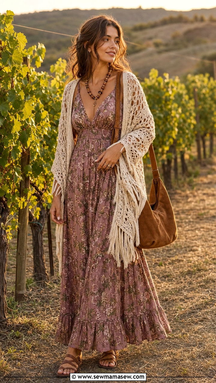 Floral Maxi Dress with Crochet Shawl - 25 cottagecore capsule wardrobe outfits